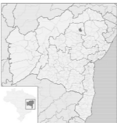 Figura 1: Localização geográfica da área de estudo, destacando o Estado da Bahia e o  Município de Senhor do Bonfim cujas coordenadas são lat