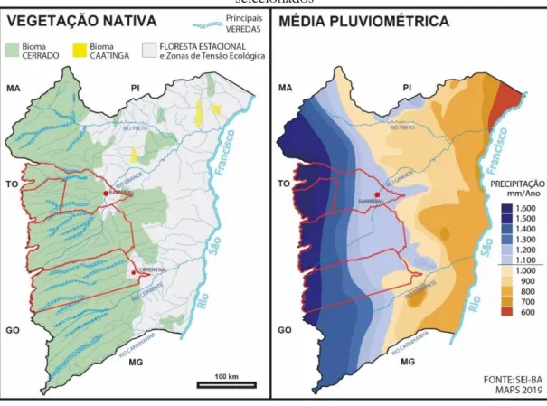 Figura 02. Biomas e índice de precipitação no Oeste da Bahia e em municípios  selecionados 
