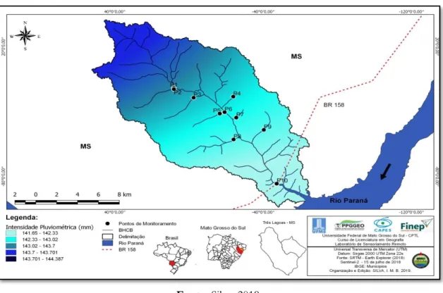 Figura 03. Mapa de Intensidade Pluviométrica Média da Bacia Hidrográfica do Córrego  Bebedouro, Três Lagoas e Selviria/MS, no ano de 2019