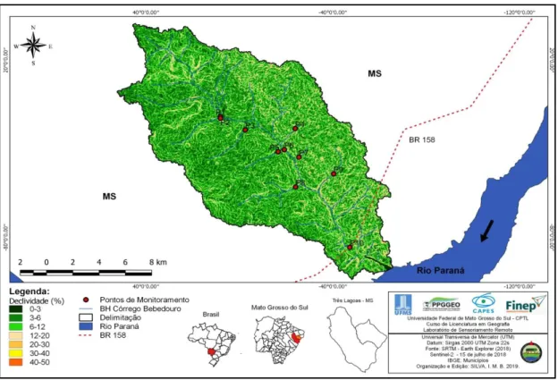 Figura 05. Mapa de Declividade da Bacia Hidrográfica do Córrego Bebedouro - BHCU, Três  Lagoas e Selviria/MS