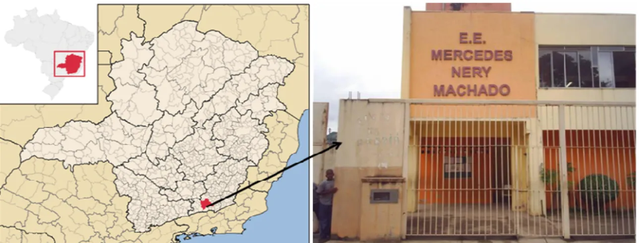 Figura 1: Localização geográfica, com destaque em vermelho para a cidade de Juiz de Fora e  fachada da escola estadual Mercedes Nery Machado