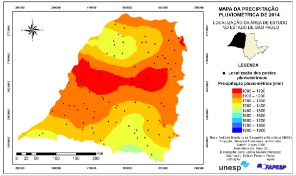 Figura 04. Distribuição espacial da precipitação pluviométrica de 2014 no Oeste do Estado de São  Paulo