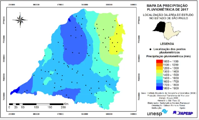 Figura 05. Distribuição espacial da precipitação pluviométrica de 2017 no Oeste do Estado de São  Paulo