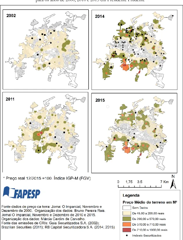 Figura 03. Localização dos imóveis securitizados face aos mapas de preço médio da terra urbana  para os anos de 2000, 2010 e 2015 em Presidente Prudente 