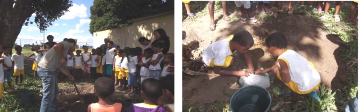 Figura 6: Alunos da escola Joaquim de Medeiros realizando a prática da compostagem. 