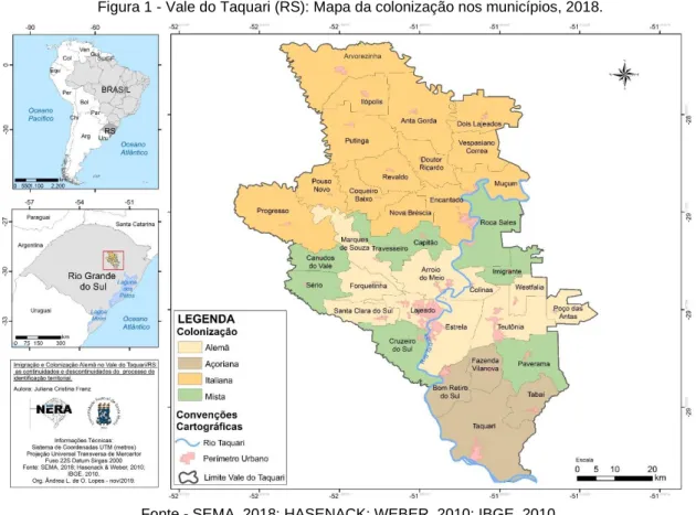 Figura 1 - Vale do Taquari (RS): Mapa da colonização nos municípios, 2018. 