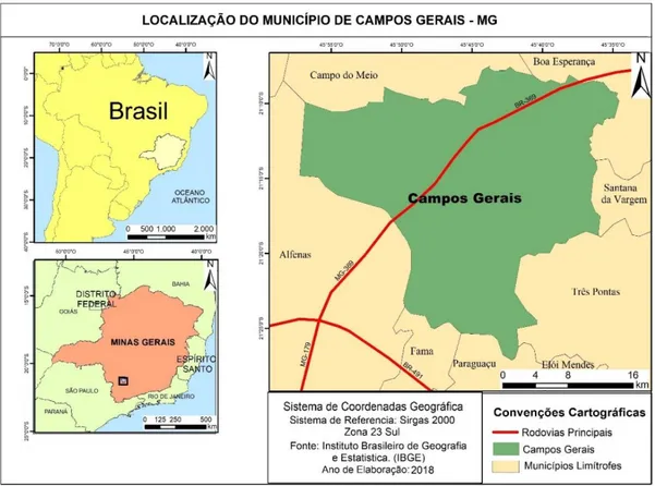 Figura 1 - Localização do Município de Campos Gerais no Estado de Minas Gerais. 