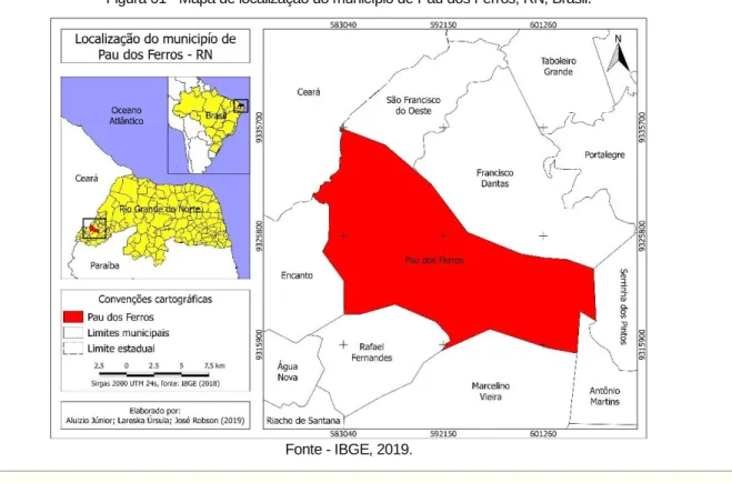 Figura 01 - Mapa de localização do município de Pau dos Ferros, RN, Brasil. 