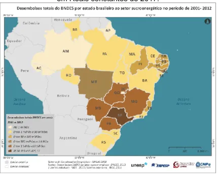 Figura 1 - Desembolsos totais do BNDES, por estado brasileiro ao setor sucroenergético (2001-2012),  em Reais constantes de 2017