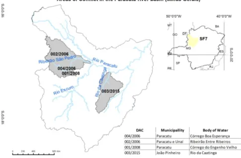 Figure 2 - Declared areas of conflict in the Paracatu river basin (Minas Gerais). 