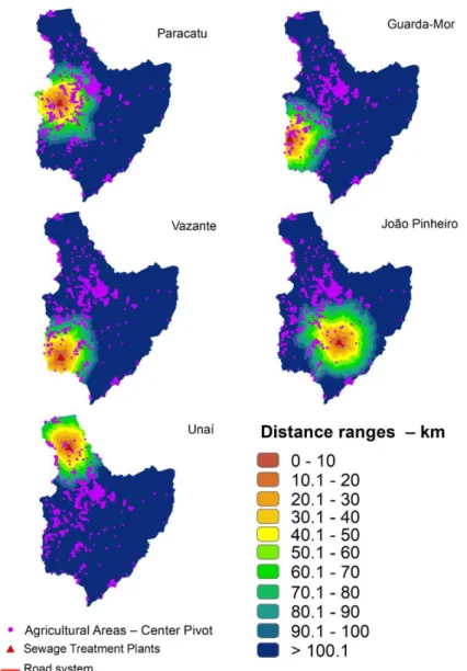 Figure 3 - Graphical representation of the distances between the STPs and the irrigation pivots of the irrigated areas  located in the Paracatu river basin, in Minas Gerais, where each map represents a single STP