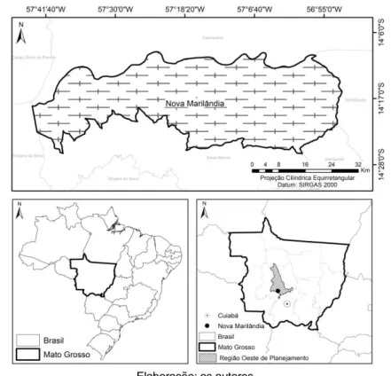 Figura 1 - Município de Nova Marilândia, nos contextos brasileiro e mato-grossense. 