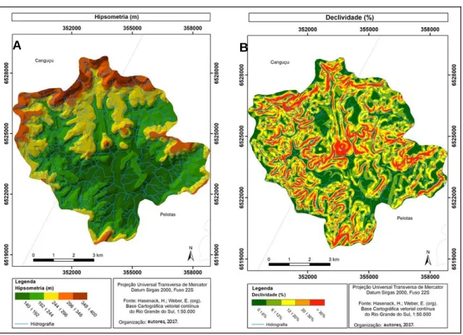 Figura 2a e 2b - Mapa de hipsometria e de declividade da área de estudo.