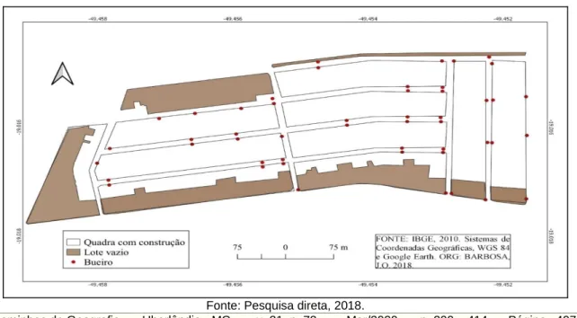 Figura 6 - Ituiutaba/MG: localização dos lotes vazios e bueiros identificados no bairro Nova Ituiutaba I,  2018