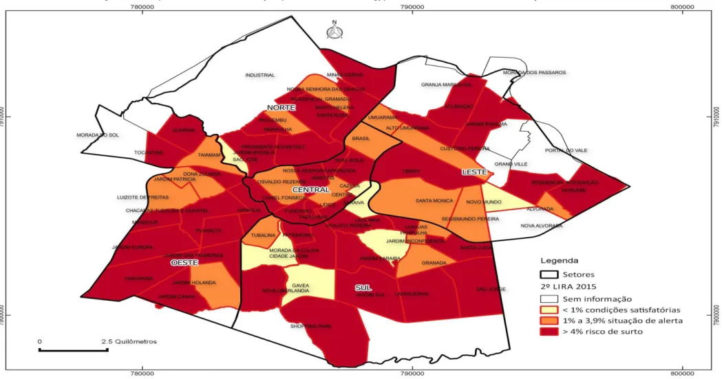 Figura 4 – Mapa do Índice de infestação predial de Aedes aegypti em Uberlândia, 2º LIRAa/março de 2015