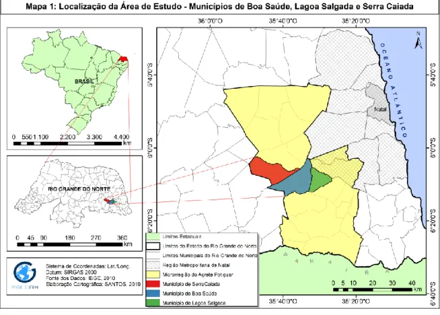 Figura 1 - Localização Geográfica da área de estudo (Boa Saúde/RN, Lagoa Salgada/RN e Serra  Caiada/RN) 