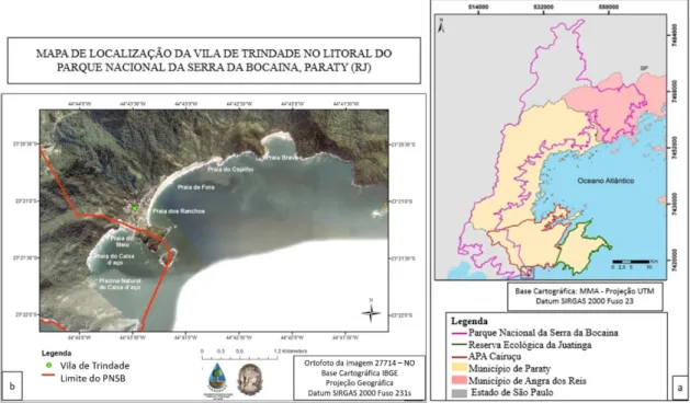 Figura 1 - (a) Mapa de localização do Parque Nacional da Serra da Bocaina. (b) Mapa de  localização da Vila de Trindade com identificação das praias