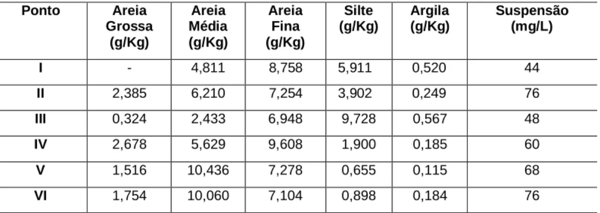Tabela 4 – Composição granulométrica dos sedimentos de fundo e em suspensão na estação chuvosa