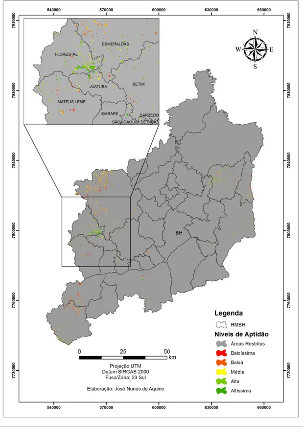 Figura 1 – Mapa de Áreas Potenciais para a Construção de Aterros Sanitários na RMBH (Resultado Primário)