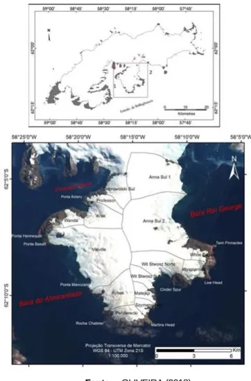 Figura 1 – Localização do Campo de gelo Kraków na Ilha Rei George, Baía do Almirantado (1) e Baía  Rei George (2), Antártica