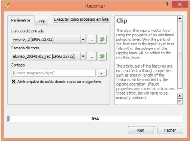 Figura 5 – Caixa de diálogo “Recortar”. A camada de entrada é o arquivo contendo os polígonos de  Voronoi e a camada de corte é o arquivo que contém o mapeamento da planície de inundação