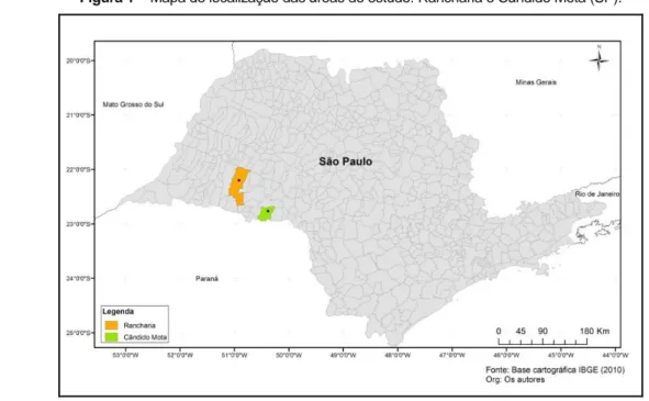 Figura 1 – Mapa de localização das áreas de estudo: Rancharia e Cândido Mota (SP). 
