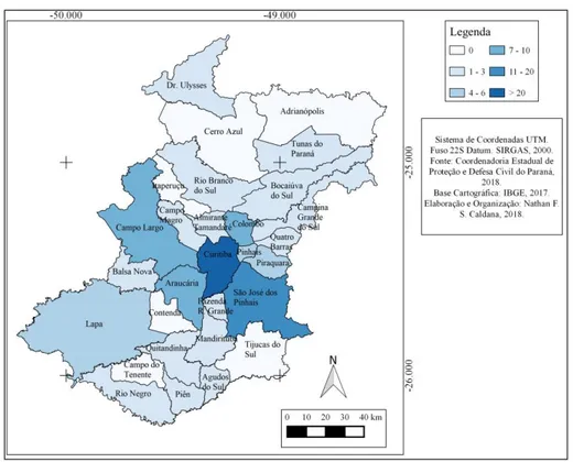 Figura 2 –  Ocorrências de precipitação Granizo noticiados em jornais na Região Metropolitana de Curitiba