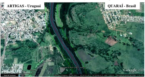 Figura 8 – Áreas com grande exposição do solo e lavouras de arroz, nas proximidades do segmento  das margens do rio Quaraí, nos Municípios de Quaraí/RS/Brasil e Artigas/Uruguai