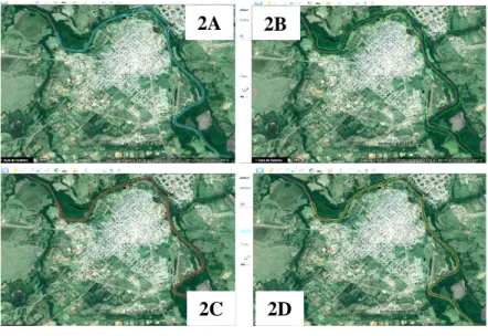 Figura 2 – Buffers, com as imagens do software Google Earth Pro, para a elaboração do mapa do uso da terra  nas margens do rio transfronteiriço Quaraí