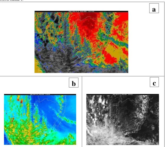 Figura 8: Imagens do satélite GOES da menor amplitude do mês de janeiro (dia 9). 8a) Imagens de  satélite topo de nuvem T ° C; 8b) Imagem de satélite vapor d'água realçado; 8c) Imagem de satélite  visível banda 1