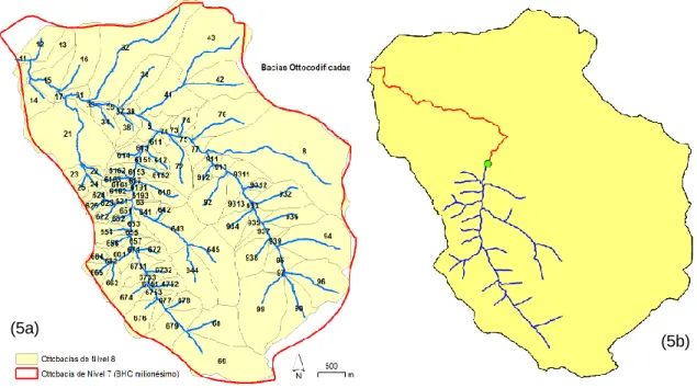 Figura 5: BHO do Córrego Itapiranga - 1:25.000 (a); consulta espacial de trechos de jusante  (vermelhos) e de montante (azuis) na rede hidrográfica (b)