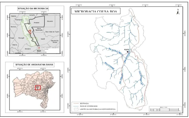 Figura 1: Mapa de localização da área de estudo. (a) Mapa da Bahia com destaque para o Município  de Andaraí; (b) O Município de Andaraí, destacando (em vermelho) a BCB; (c) Bacia do Rio Cousa 