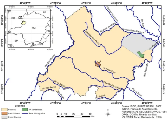 Figura 1: Mapa do município de Paracatu-MG – No destaque o assentamento Santa Rosa e o Entre  Ribeiros