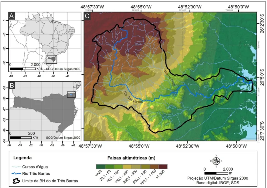 Figura 1: Localização da área de estudo: (A) mapa do Brasil com destaque para o Estado de Santa Catarina; (B) mapa de  Santa Catarina com destaque para a BH do rio Três Barras; (C) mapa da BH do rio Três Barras