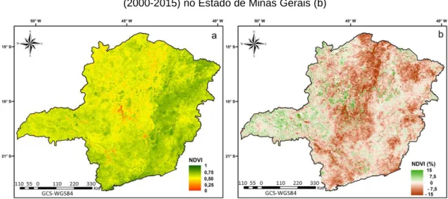 Figura 6.  Média do VCI para o ano de 2014 no Estado de Minas Gerais (a) e Anomalia do VCI (2000- (2000-2015) no Estado de Minas Gerais (b)