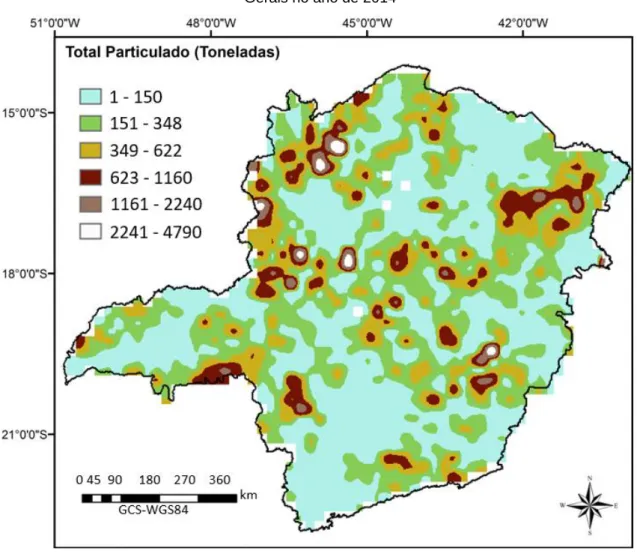 Figura 8: Mapa do total particulado (em toneladas) emitido pelas queimadas no Estado de Minas  Gerais no ano de 2014 