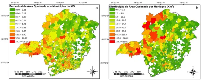 Figura 9:  Percentual de áreas queimadas por tamanho dos Municípios do Estado de Minas Gerais no  ano de 2014 (a) e Distribuição total das áreas queimadas ocorridas nos Municípios do Estado de 