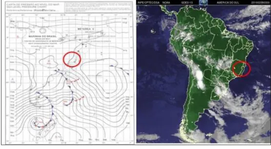 Figura 9: Carta sinótica e imagem de satélite Goes-13, evidenciando centro de Alta  Pressão na região Sudeste do Brasil