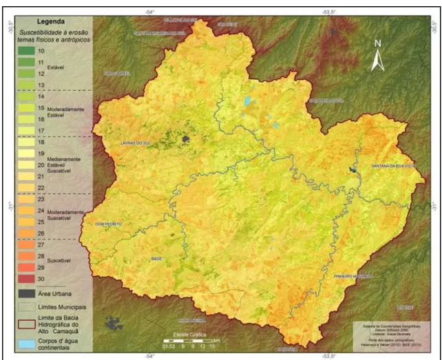 Figura 7: Mapa de suscetibilidade à erosão física e antrópica da Bacia Hidrográfica do Alto Camaquã 