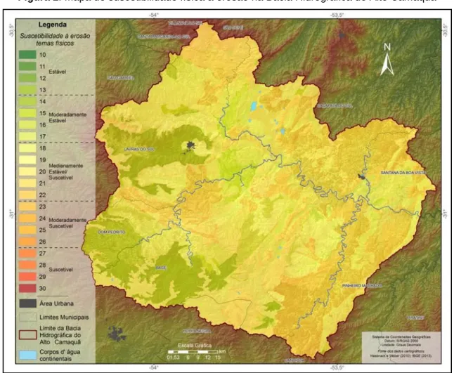 Figura 2: Mapa de suscetibilidade física à erosão na Bacia Hidrográfica do Alto Camaquã 