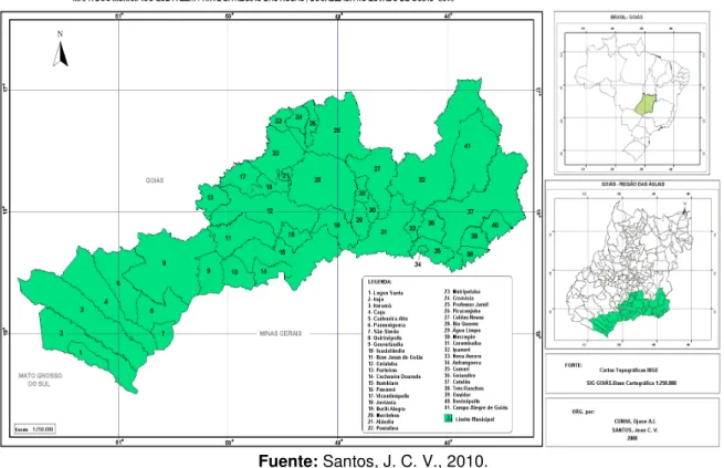 Figura 1: Región Turística de las Aguas en el interior de Goiás, Brasil. Área drenada por el río Paranaíba, que  divide Minas Gerais de parte del estado de Goiás
