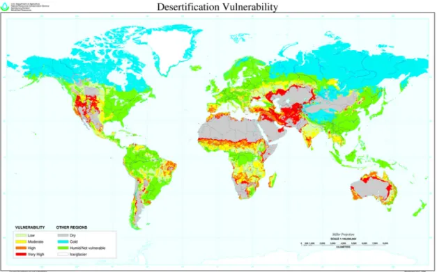 Figura 1: Mapa das zonas vulneráveis à desertificação, de acordo com o Departamento de  Agricultura dos Estados Unidos