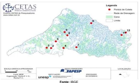 Figura 5: Mapa de localização dos pontos de coleta de agua e sedimentos analisados. 
