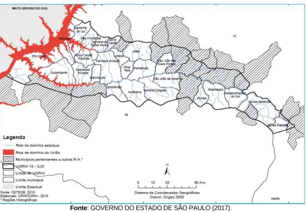 Figura 2. Limites e municípios que constituem a Unidade de Gerenciamento de Recursos Hídricos 18  formada pela Bacia Hidrográfica do Rio São José dos Dourados