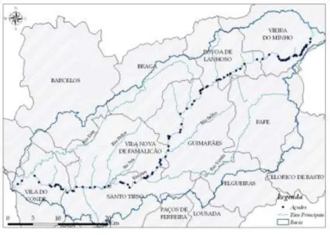 Figura 6. Localização dos açudes e barragens existentes sobre o curso principal do rio Ave, em  1973