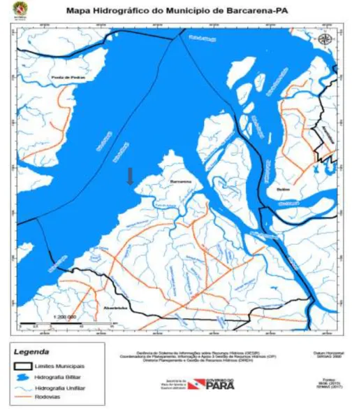 Figura 2. Red de drenaje del municipio de Barcarena y su contexto regional. Destacado para localización  del área de estudio