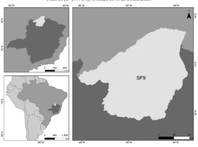 Figura 1. Mapa de localização da Unidade de Planejamento e Gestão de Recursos Hídricos do Rio Pandeiros  e Calindó (UPGRH-SF9) no estado de Minas Gerais, Brasil