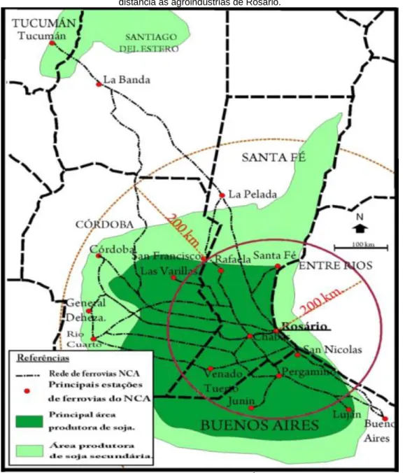 Figura 2. Localização das principais áreas de cultivo de soja, ferrovia do Nuevo Central Argentino e  distância às agroindústrias de Rosário