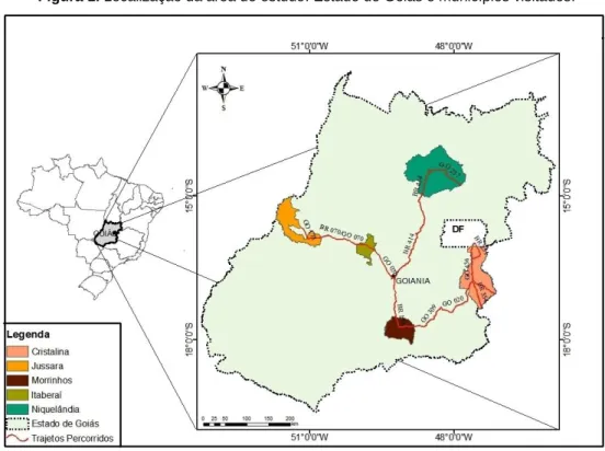 Figura 1. Localização da área de estudo: Estado de Goiás e municípios visitados. 