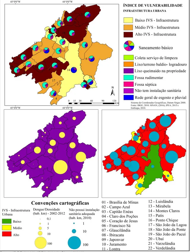 Figura 05. IVS – Infraestrutura Urbana, indicadores socioambientais e espacialização da dengue (2002- (2002-2012) por hab